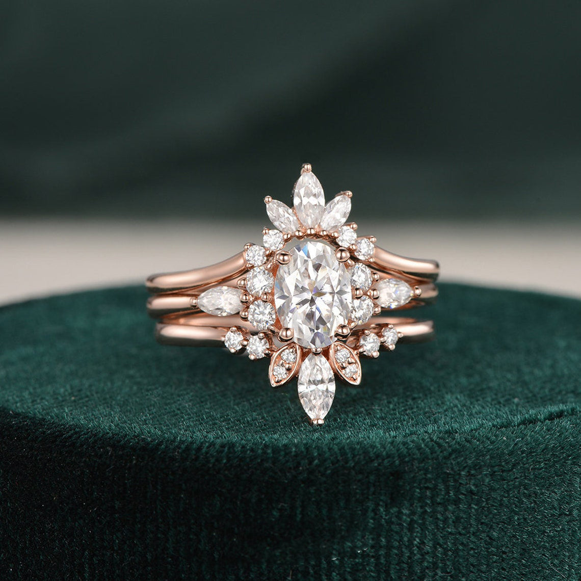 1.0 CT Oval Cut Cluster Art Deco Moissanite Bridal Ring Set