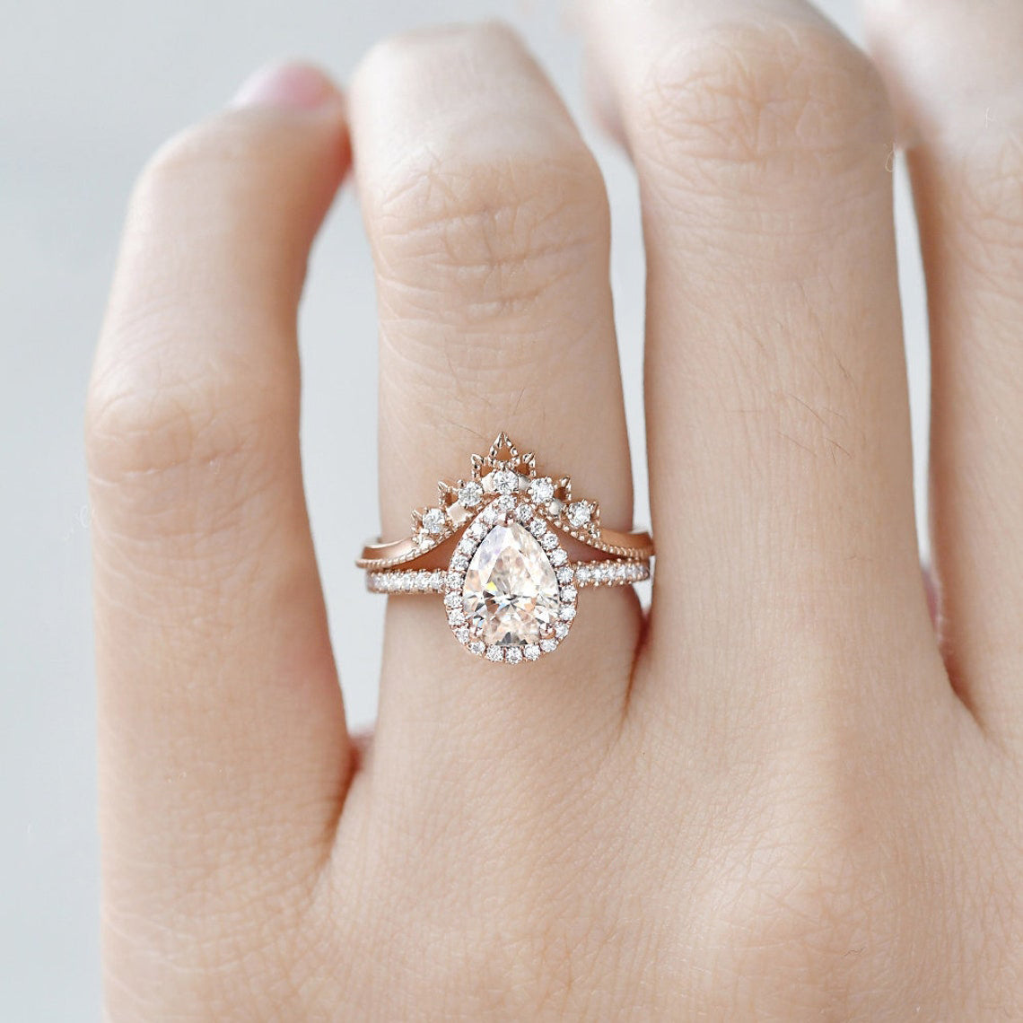 1.50 CT Pear Cut Halo Moissanite Bridal Ring Set