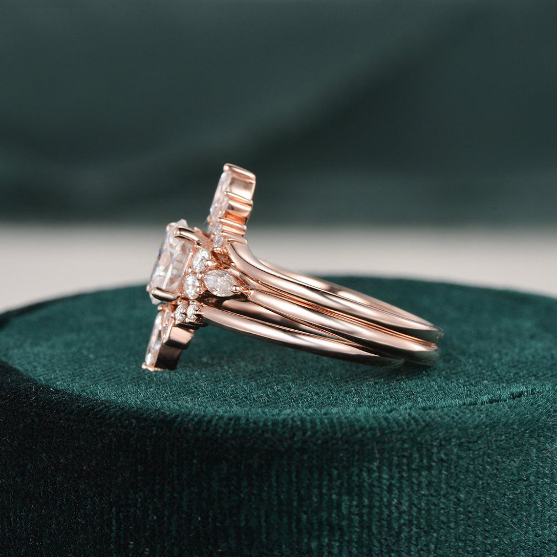 1.0 CT Oval Cut Cluster Art Deco Moissanite Bridal Ring Set