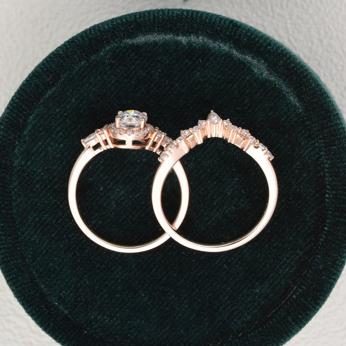 2.0 CT Oval Cut Cluster Halo Moissanite Bridal Ring Set