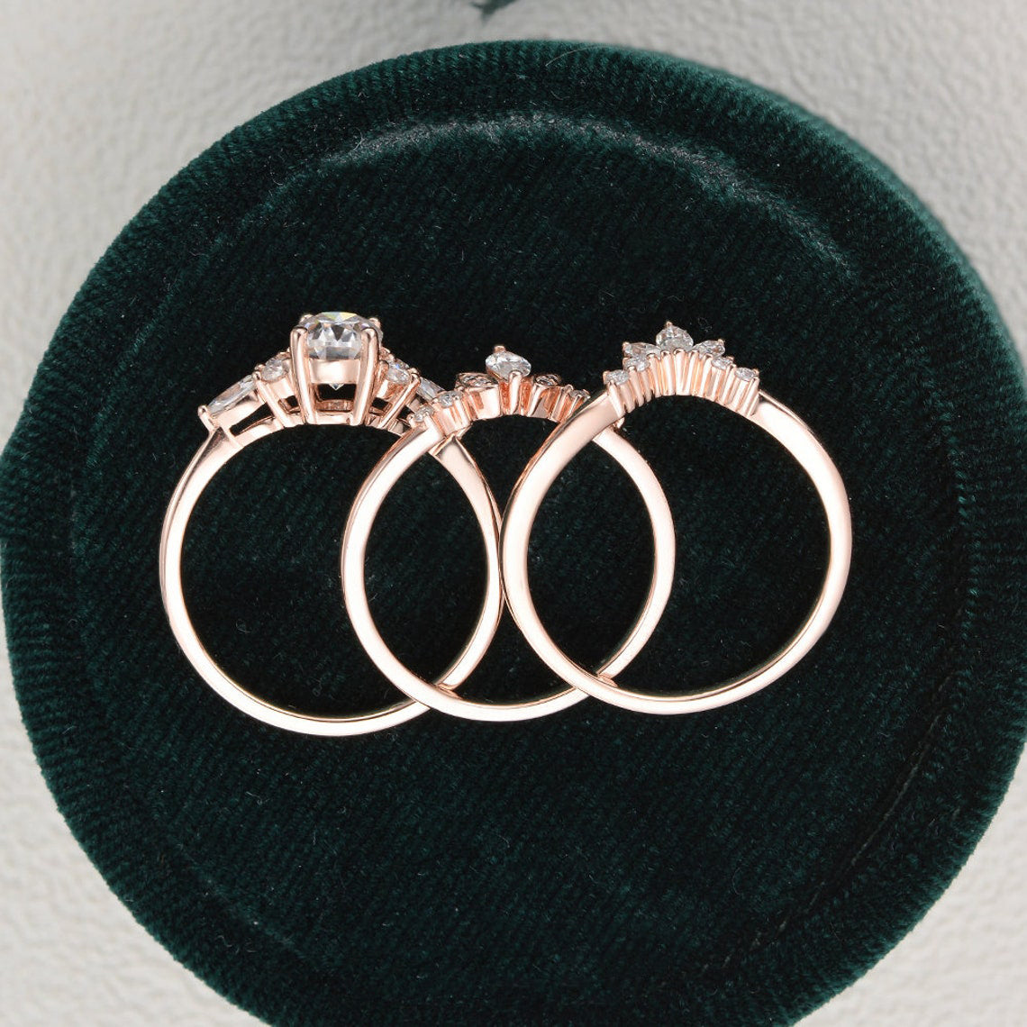 1.0 CT Oval Cut Cluster Art Deco Moissanite Bridal Ring Set