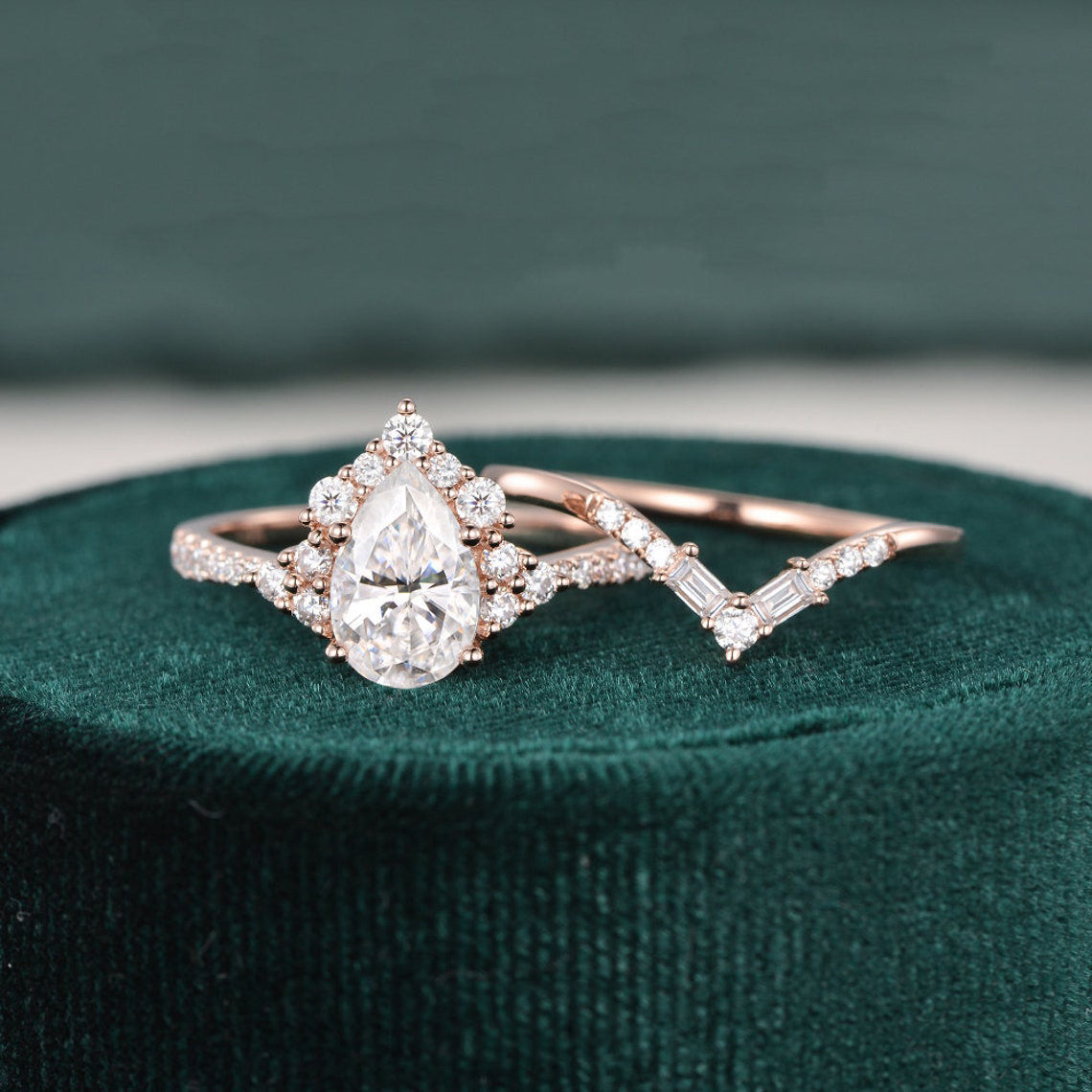 1.50 CT Pear Cut Cluster Art Deco Moissanite Bridal Ring Set