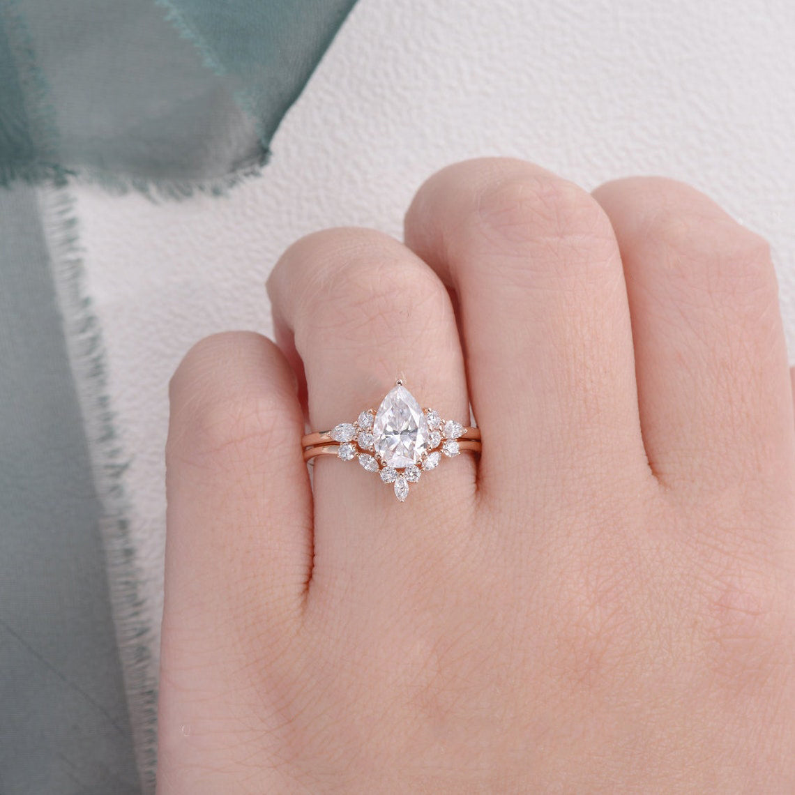 1.50 CT Pear Cut Cluster Moissanite Bridal Ring Set