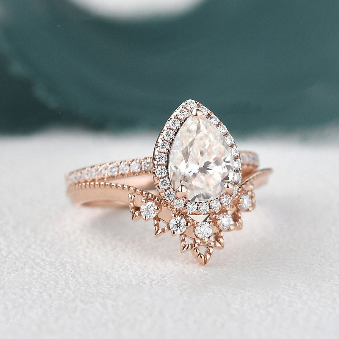 1.50 CT Pear Cut Halo Moissanite Bridal Ring Set