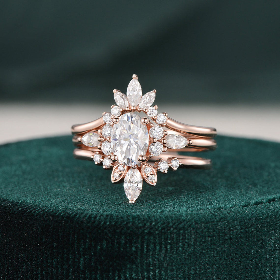 1.0 CT Oval Cut Cluster Art Deco Moissanite Bridal Ring Set