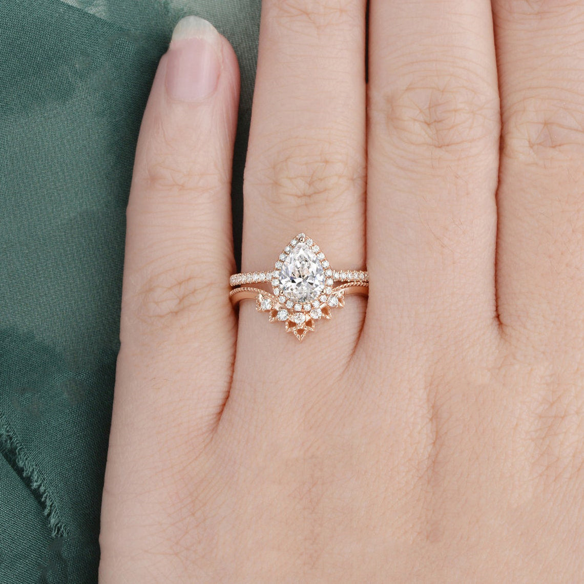 1.50 CT Pear Cut Halo Moissanite Bridal Ring Set