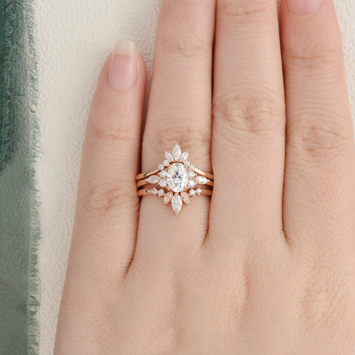 1.0 CT Oval Cut Cluster Art Deco Moissanite Bridal Ring Set