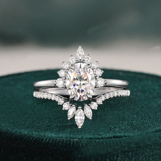 1.50 CT Oval Cut Cluster Art Deco Moissanite Bridal Ring Set