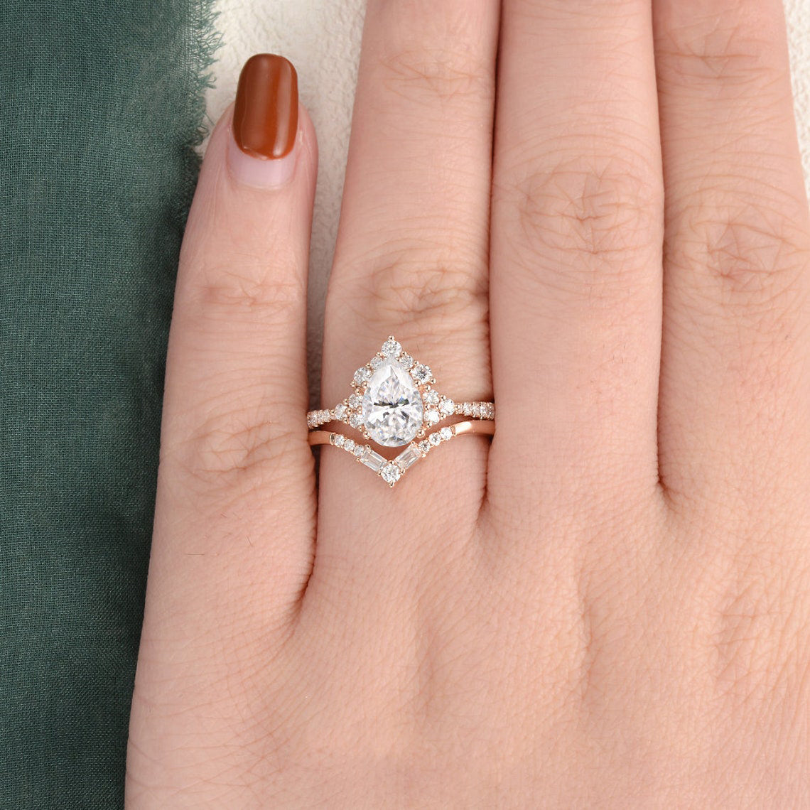1.50 CT Pear Cut Cluster Art Deco Moissanite Bridal Ring Set
