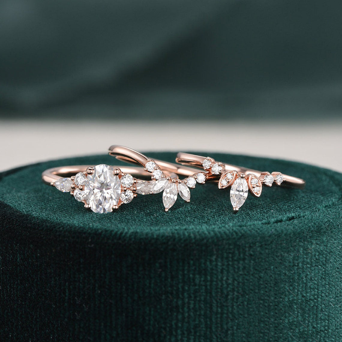 1.0 CT Oval Cut Cluster Art Deco Moissanite Bridal Ring Set