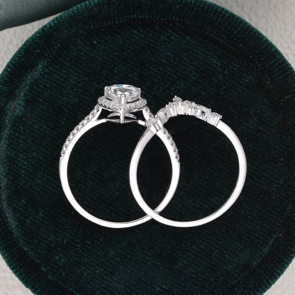 2.0 CT Pear Cut Halo Moissanite Bridal Ring Set