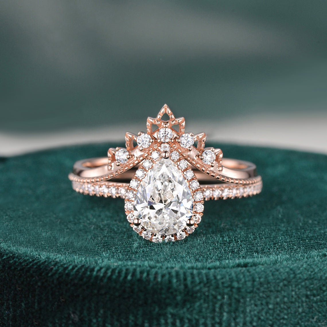 1.50 CT Pear Cut Halo Moissanite Bridal Ring Set