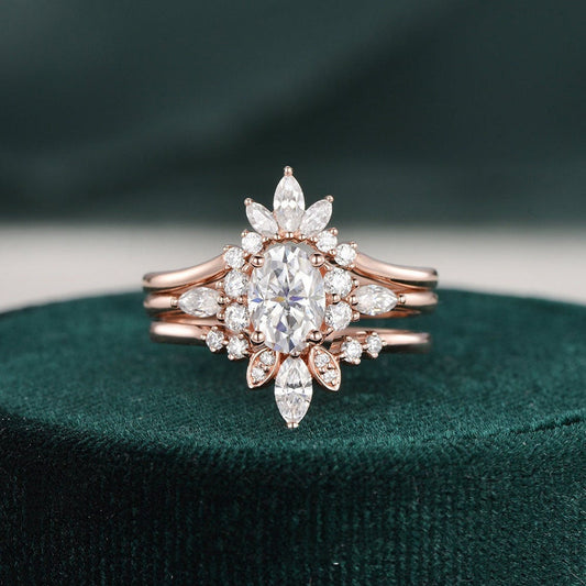 1.0 CT Oval Cut Cluster Art Deco Moissanite Bridal Ring Set