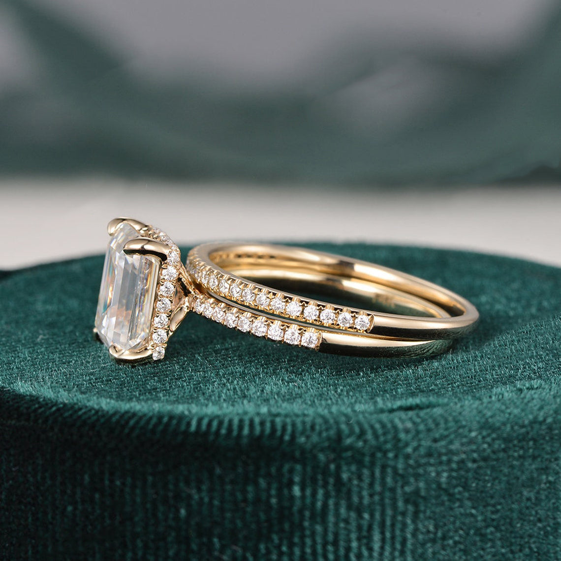 1.50 CT Emerald Cut Hidden Halo Moissanite Bridal Ring Set