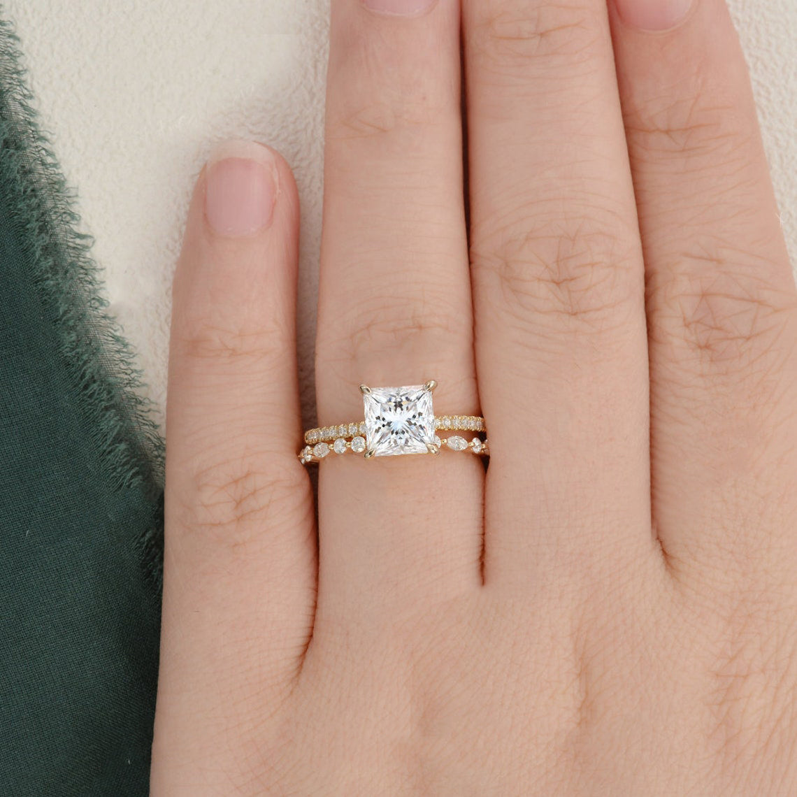 2.0 CT Princess Cut Solitaire Moissanite Bridal Ring Set
