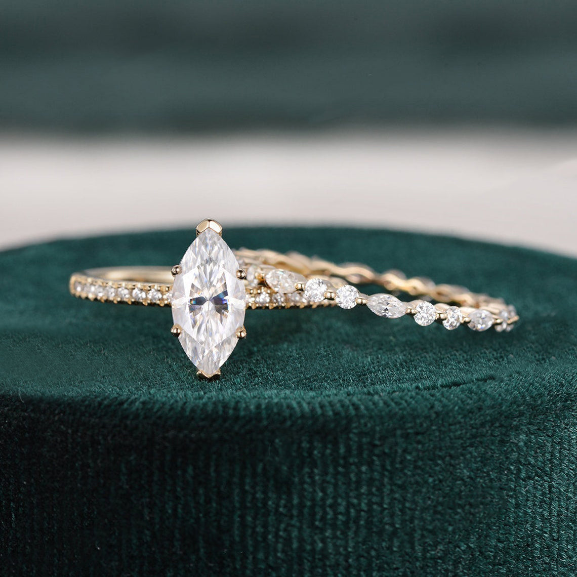 1.0 CT Marquise Cut Solitaire Pave Moissanite Bridal Ring Set
