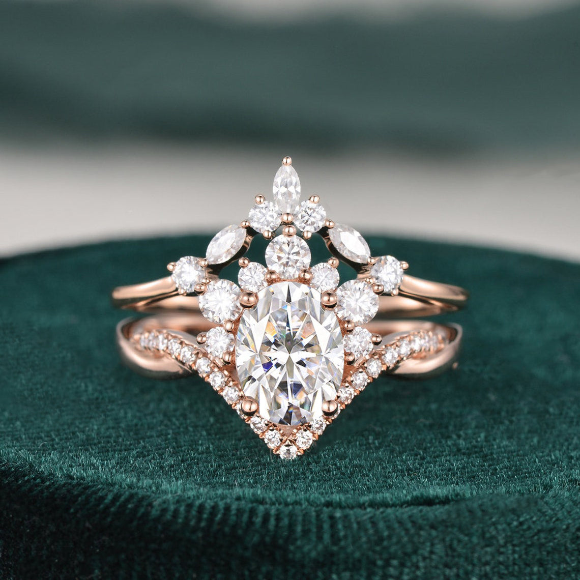 1.50 CT Oval Cut Twisted Art Deco Moissanite Bridal Ring Set