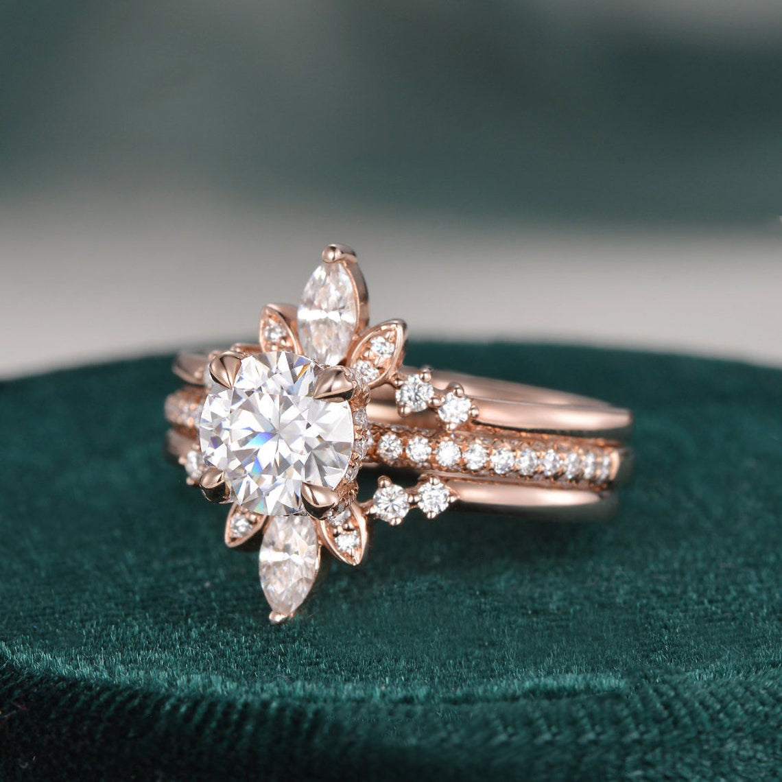 1.0 CT Round Cut Hidden Halo Moissanite Bridal Ring Set