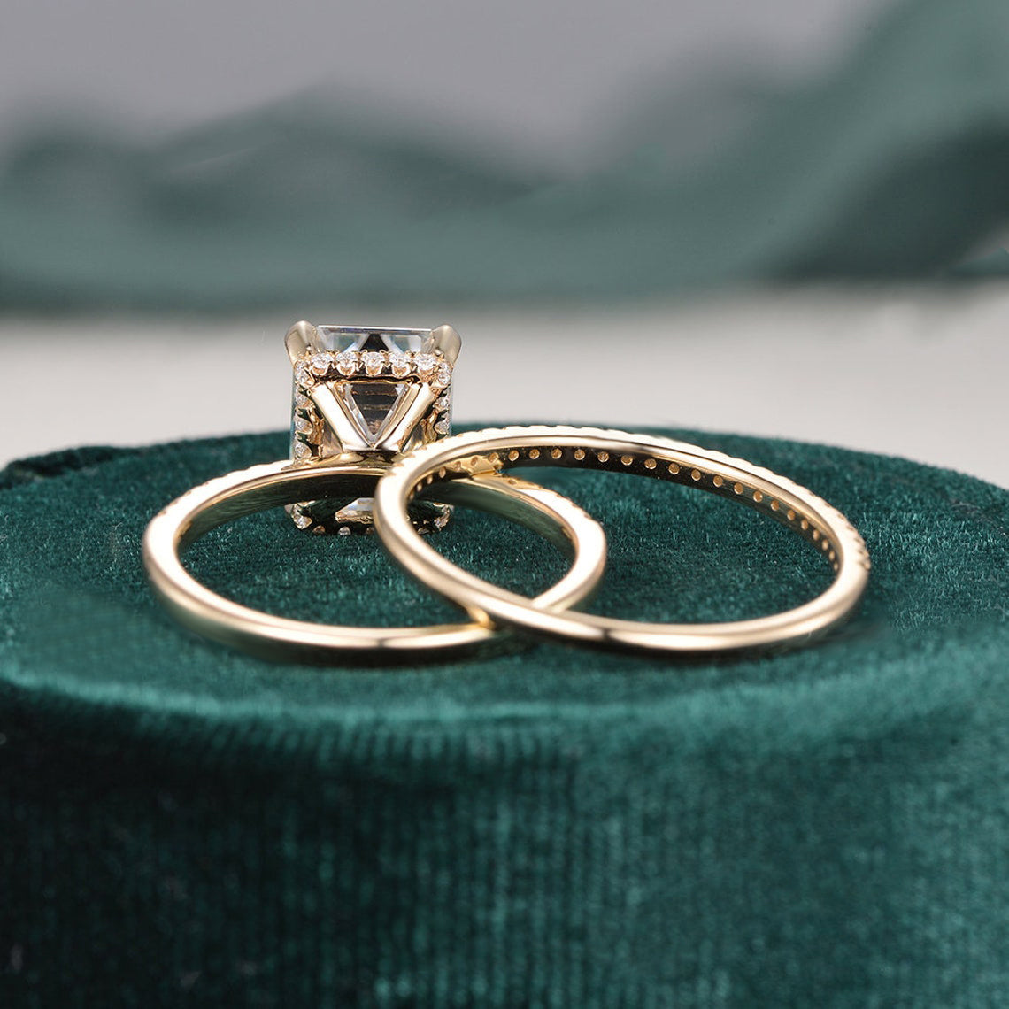 1.50 CT Emerald Cut Hidden Halo Moissanite Bridal Ring Set
