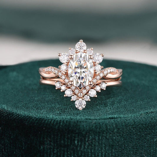 1.50 CT Oval Cut Cluster Moissanite Bridal Ring Set