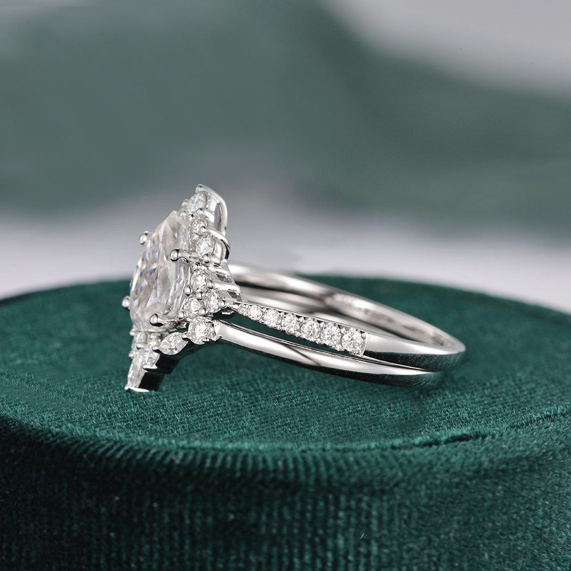 1.50 CT Pear Cut Cluster Art Deco Moissanite Bridal Ring Set