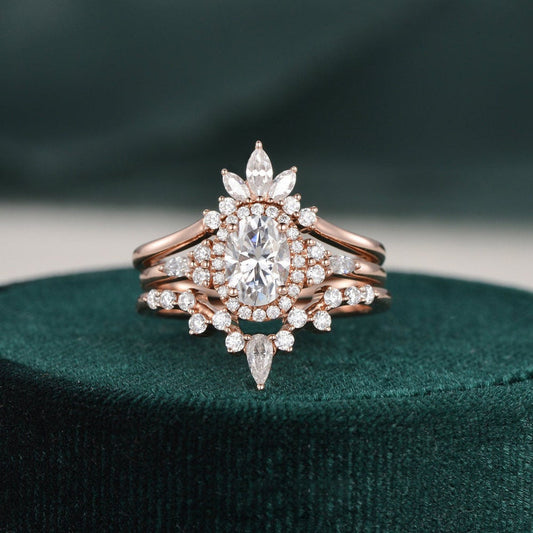 1.0 CT Oval Cut Cluster Halo Moissanite Bridal Ring Set