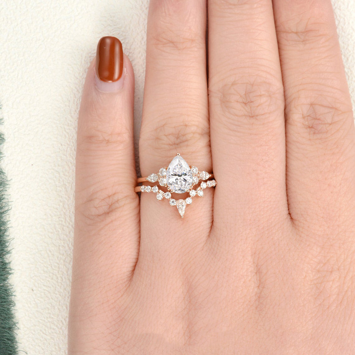 1.50 CT Pear Cut Cluster Moissanite Bridal Ring Set