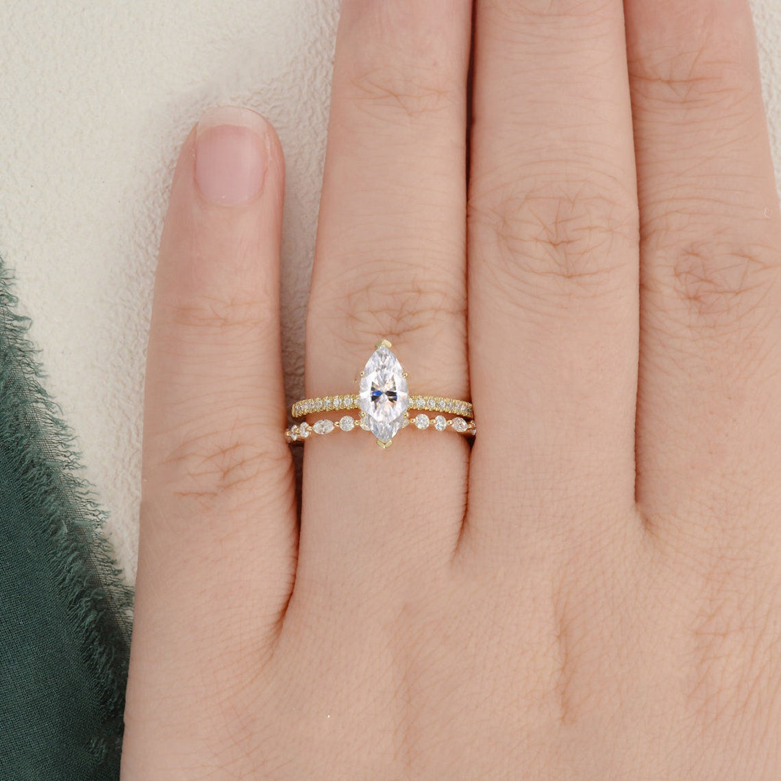 1.0 CT Marquise Cut Solitaire Pave Moissanite Bridal Ring Set