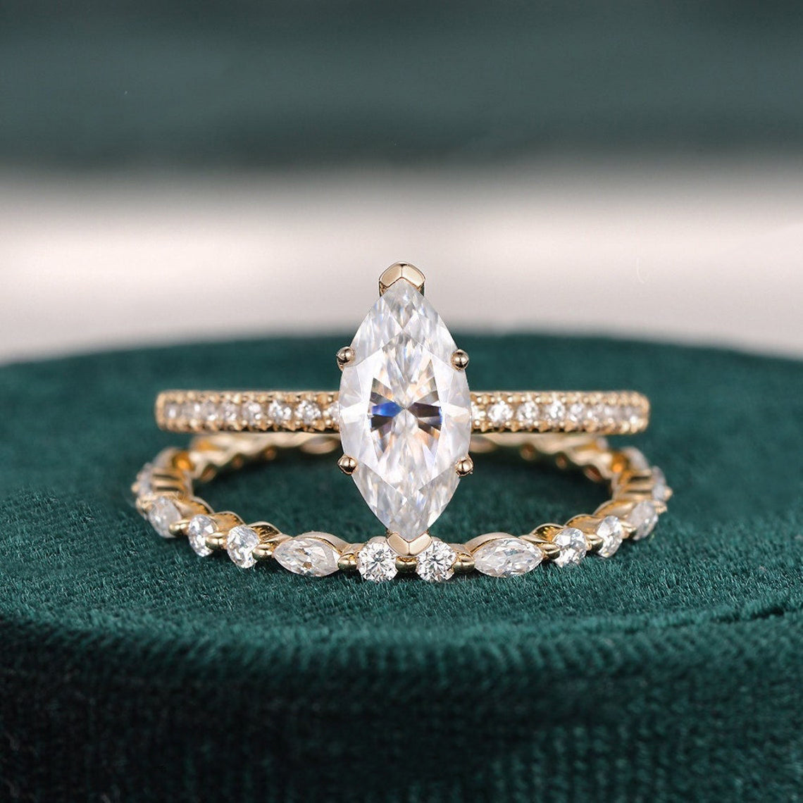 1.0 CT Marquise Cut Solitaire Pave Moissanite Bridal Ring Set