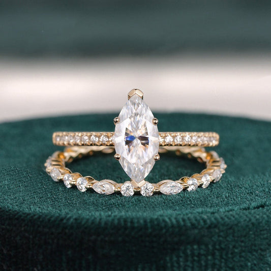 1.0 CT Marquise Cut Solitaire Pave Moissanite Bridal Ring Set
