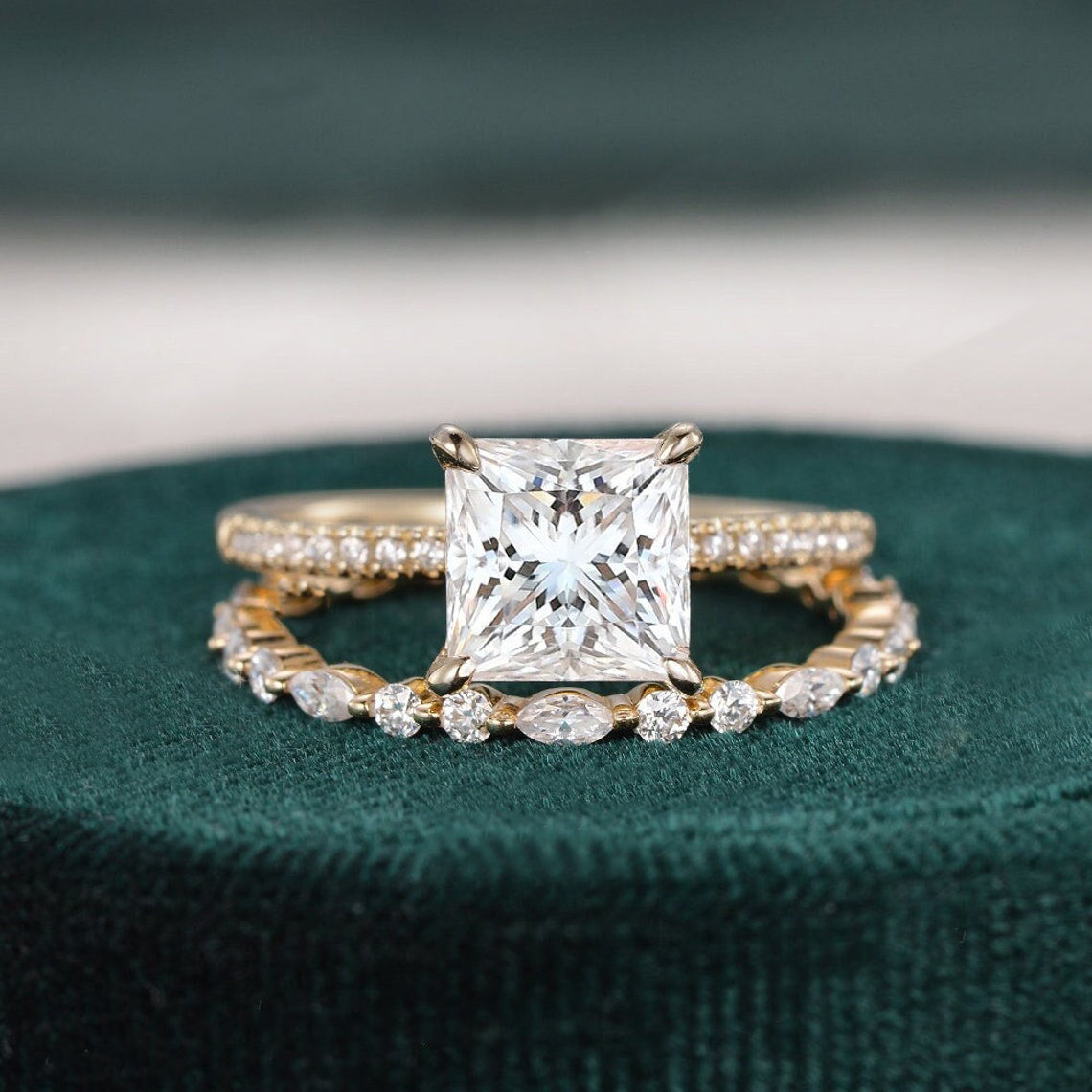2.0 CT Princess Cut Solitaire Moissanite Bridal Ring Set