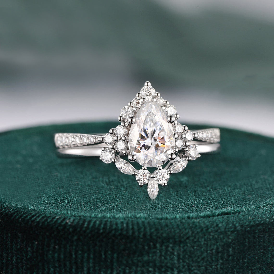 1.50 CT Pear Cut Cluster Art Deco Moissanite Bridal Ring Set