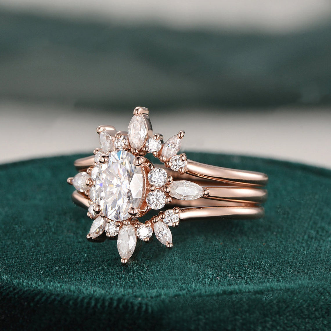 1.0 CT Oval Cut Cluster Moissanite Bridal Ring Set