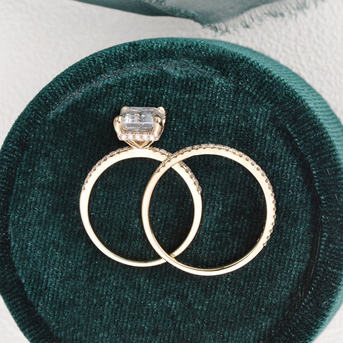 1.50 CT Emerald Cut Hidden Halo Moissanite Bridal Ring Set