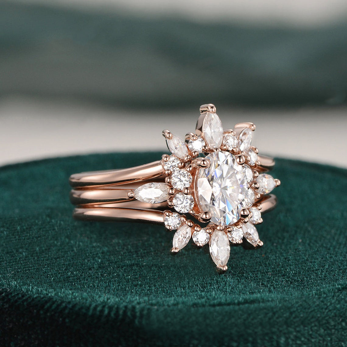 1.0 CT Oval Cut Cluster Moissanite Bridal Ring Set