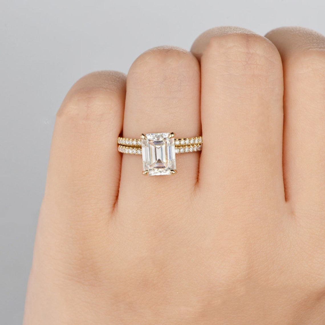 1.50 CT Emerald Cut Hidden Halo Moissanite Bridal Ring Set