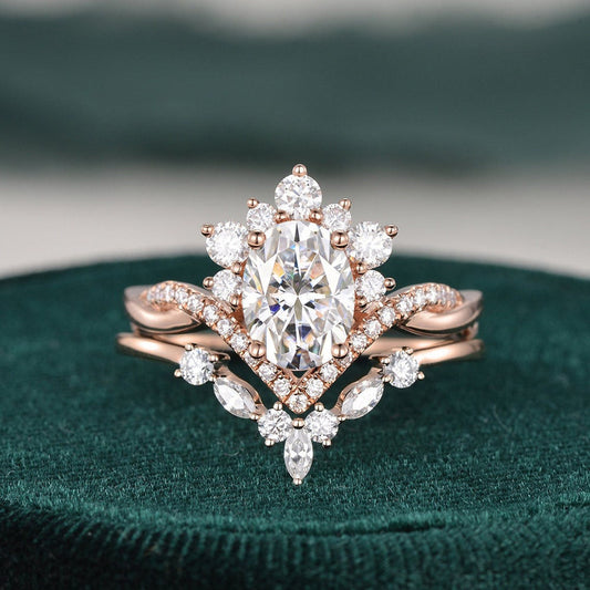 1.50 CT Oval Cut Twisted Art Deco Moissanite Bridal Ring Set