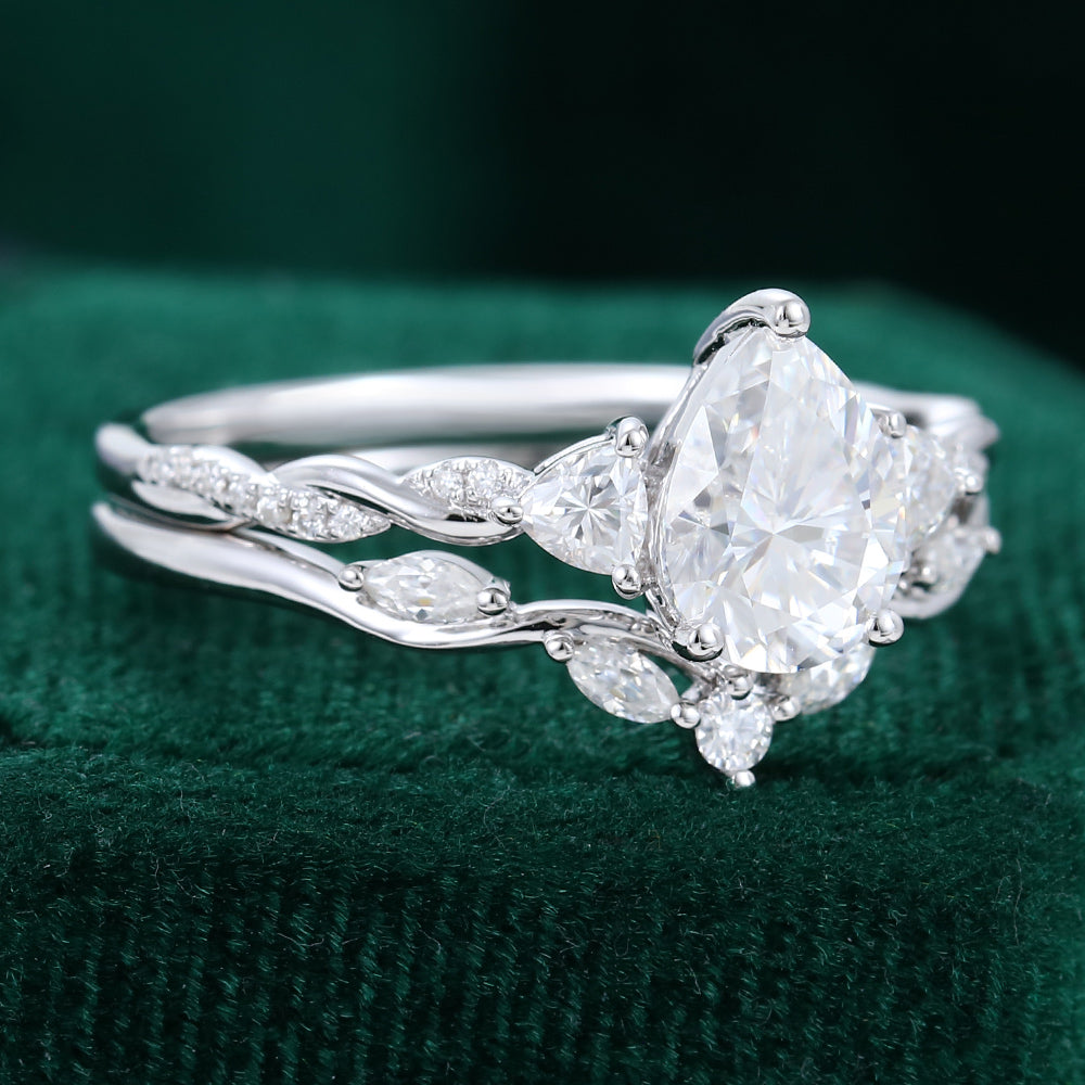 1.50 CT Pear Moissanite Three Stone Bridal Ring Set