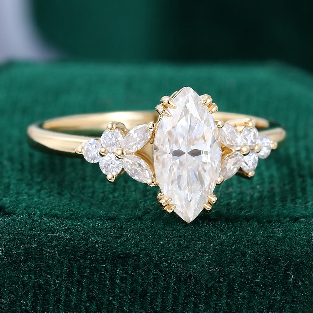 0.90 CT Marquise Shaped Moissanite Cluster Engagement Ring