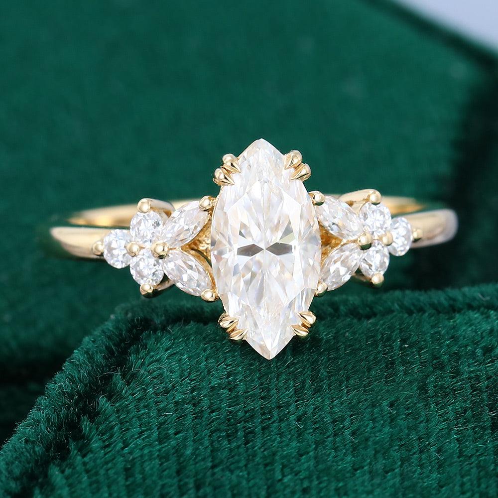 0.90 CT Marquise Shaped Moissanite Cluster Engagement Ring