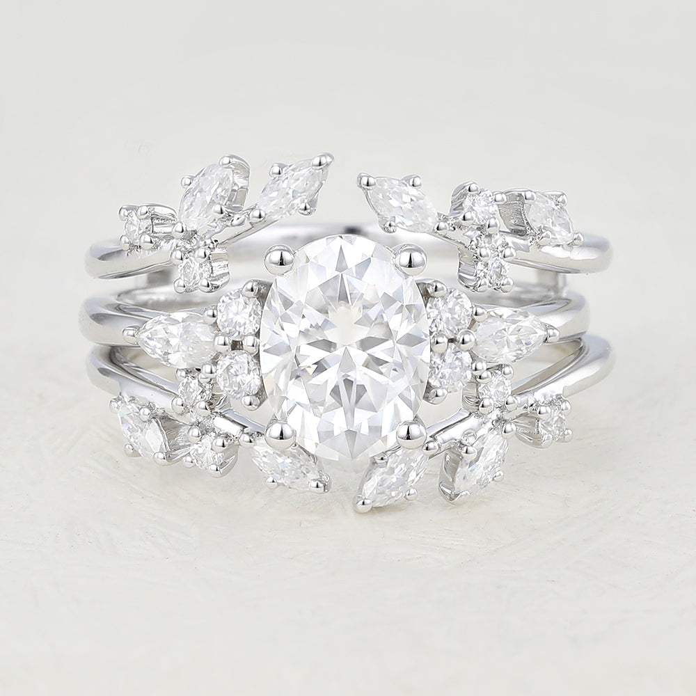 1.33 CT Oval Moissanite Vintage Cluster Bridal Ring Set