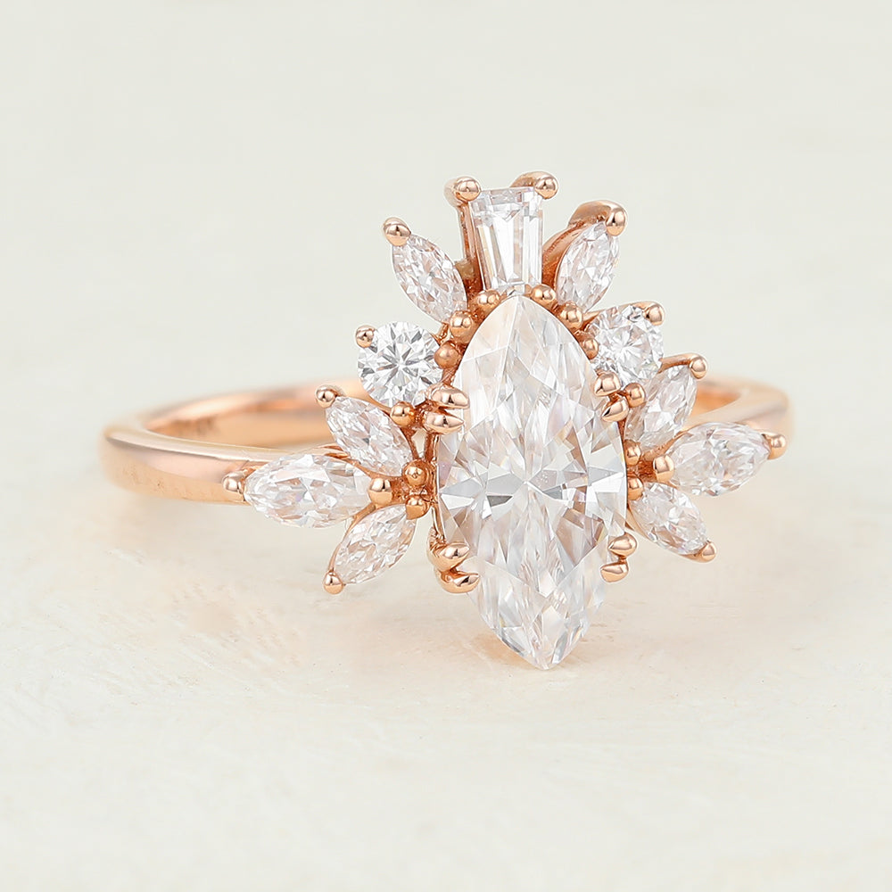 0.90 CT Marquise Shaped Moissanite Cluster Engagement Ring