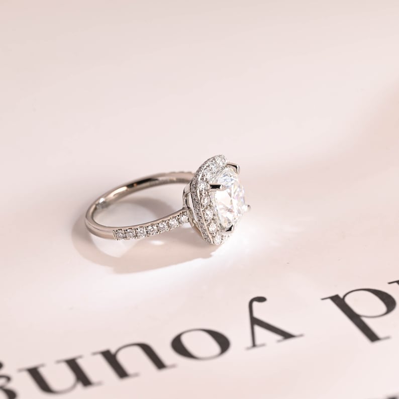 Stunning 1.0 - 2.0 CT Cushion Moissanite Engagement Ring With Pave & Halo Design 9
