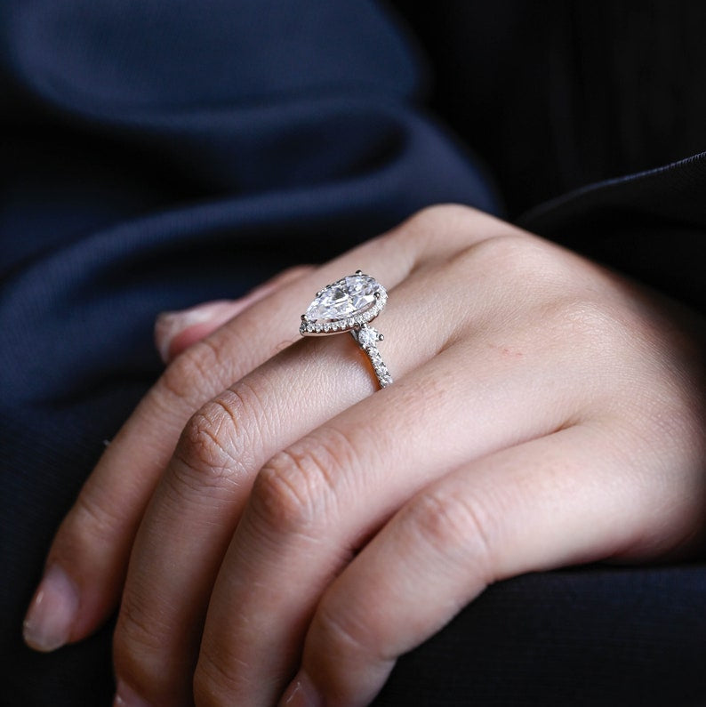 Stunning 1.0 - 2.0 CT Pear Moissanite Engagement Ring with Pave & Halo Design 2