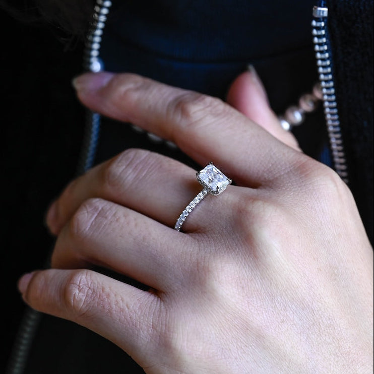 Stunning 1.0 - 2.0 CT Radiant Moissanite Engagement Ring with Pave & Hidden Halo Design 6