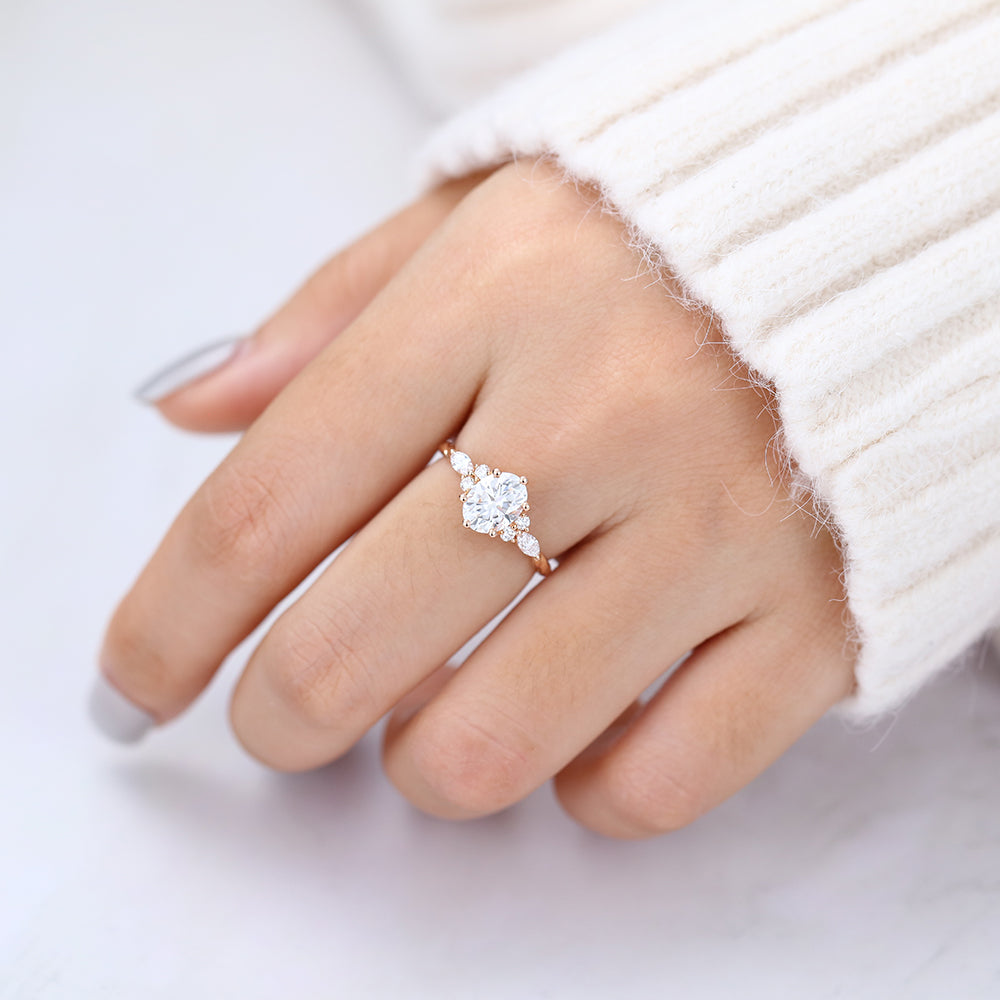 1.33 CT Oval Shaped Moissanite Cluster Engagement Ring