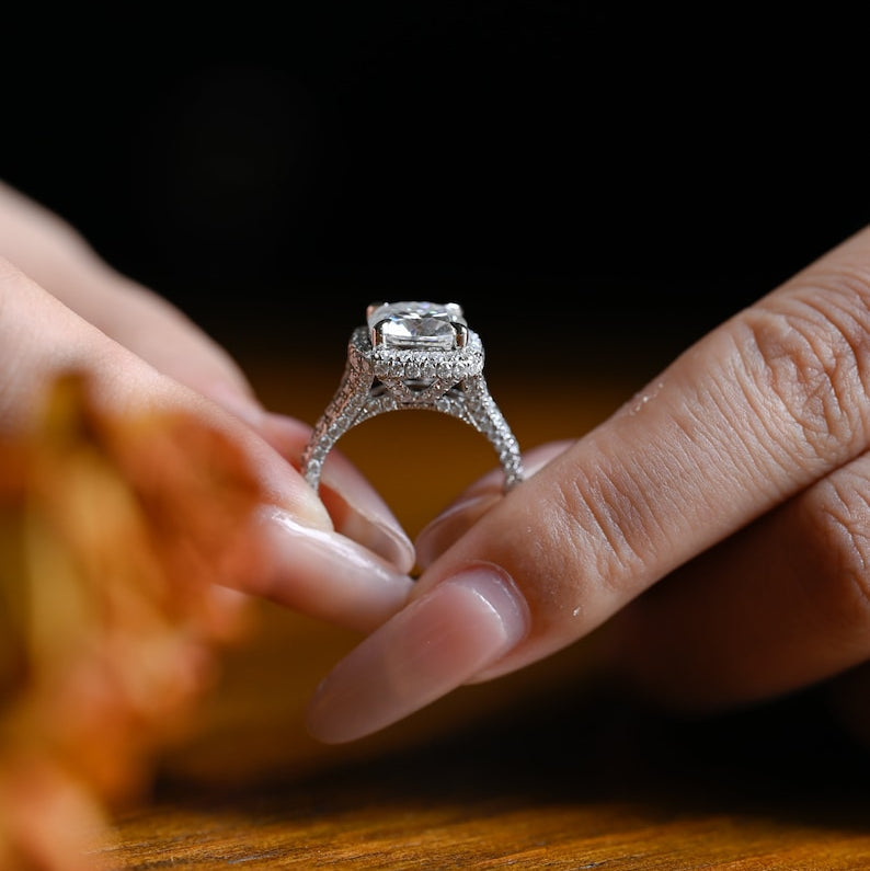 Stunning 1.0 - 2.0 CT Cushion Moissanite Engagement Ring With Pave & Halo Design 7