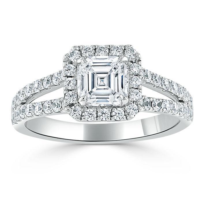 1.0 CT Asscher Cut Halo Split Shank Setting Moissanite Engagement Ring