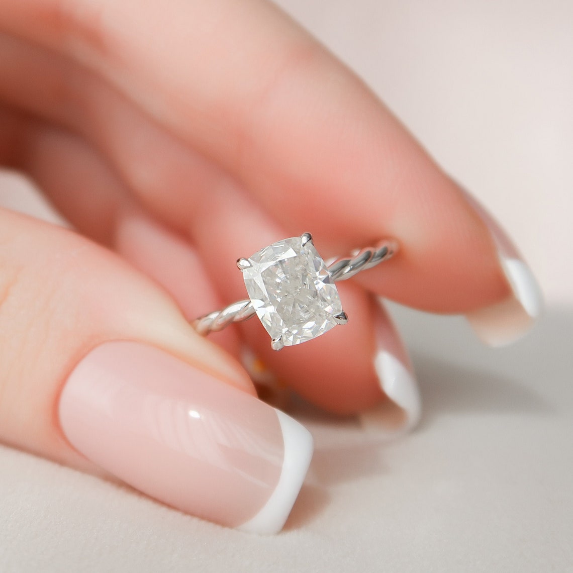 2.0 CT Cushion Twisted Band & Hidden Halo Moissanite Engagement Ring