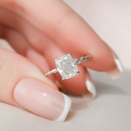 2.0 CT Cushion Twisted Band & Hidden Halo Moissanite Engagement Ring